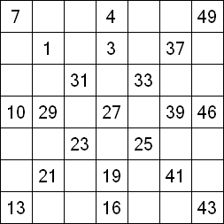 52 «От одного до 49». Заполните пустые клетки таким образом, чтобы все числа были соединены последовательно, по горизонтали или вертикали. Перемещение по диагонали не допускается.
