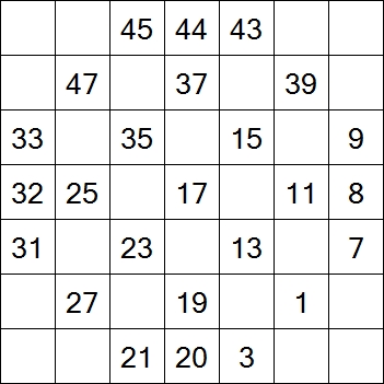 69 «От одного до 49». Заполните пустые клетки таким образом, чтобы все числа были соединены последовательно, по горизонтали или вертикали. Перемещение по диагонали не допускается.