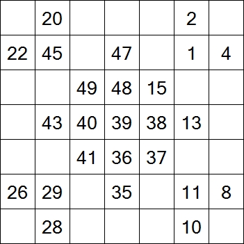 64 «От одного до 49». Заполните пустые клетки таким образом, чтобы все числа были соединены последовательно, по горизонтали или вертикали. Перемещение по диагонали не допускается.