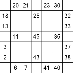 36 «От одного до 49». Заполните пустые клетки таким образом, чтобы все числа были соединены последовательно, по горизонтали или вертикали. Перемещение по диагонали не допускается.
