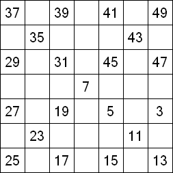 40 «От одного до 49». Заполните пустые клетки таким образом, чтобы все числа были соединены последовательно, по горизонтали или вертикали. Перемещение по диагонали не допускается.