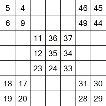 83 «От одного до 49». Заполните пустые клетки таким образом, чтобы все числа были соединены последовательно, по горизонтали или вертикали. Перемещение по диагонали не допускается.