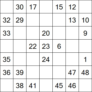 62 «От одного до 49». Заполните пустые клетки таким образом, чтобы все числа были соединены последовательно, по горизонтали или вертикали. Перемещение по диагонали не допускается.2 