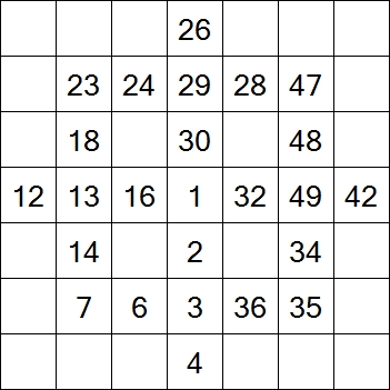 85 «От одного до 49». Заполните пустые клетки таким образом, чтобы все числа были соединены последовательно, по горизонтали или вертикали. Перемещение по диагонали не допускается.