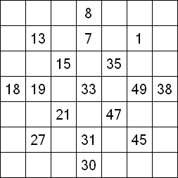 27 «От одного до 49». Заполните пустые клетки таким образом, чтобы все числа были соединены последовательно, по горизонтали или вертикали. Перемещение по диагонали не допускается.