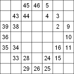 3 «От одного до 49». Заполните пустые клетки таким образом, чтобы все числа были соединены последовательно, по горизонтали или вертикали. Перемещение по диагонали не допускается.