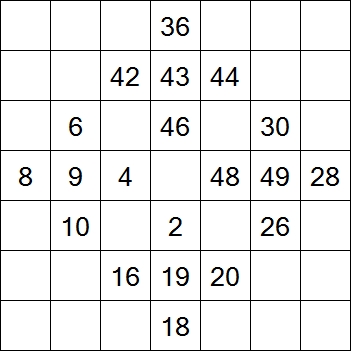 80 «От одного до 49». Заполните пустые клетки таким образом, чтобы все числа были соединены последовательно, по горизонтали или вертикали. Перемещение по диагонали не допускается.