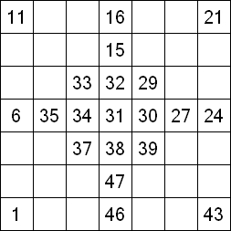 10 «От одного до 49». Заполните пустые клетки таким образом, чтобы все числа были соединены последовательно, по горизонтали или вертикали. Перемещение по диагонали не допускается.