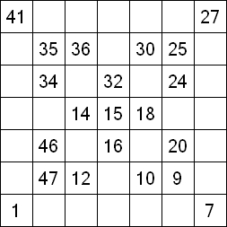 6 «От одного до 49». Заполните пустые клетки таким образом, чтобы все числа были соединены последовательно, по горизонтали или вертикали. Перемещение по диагонали не допускается.