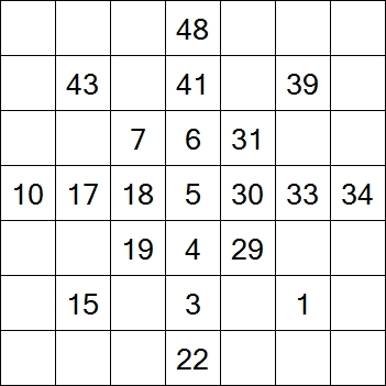 72 «От одного до 49». Заполните пустые клетки таким образом, чтобы все числа были соединены последовательно, по горизонтали или вертикали. Перемещение по диагонали не допускается.