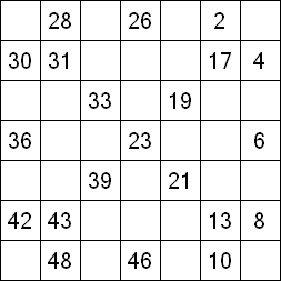 35 «От одного до 49». Заполните пустые клетки таким образом, чтобы все числа были соединены последовательно, по горизонтали или вертикали. Перемещение по диагонали не допускается.