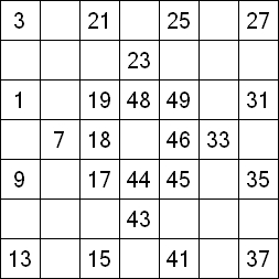 44 «От одного до 49». Заполните пустые клетки таким образом, чтобы все числа были соединены последовательно, по горизонтали или вертикали. Перемещение по диагонали не допускается.