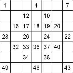 55 «От одного до 49». Заполните пустые клетки таким образом, чтобы все числа были соединены последовательно, по горизонтали или вертикали. Перемещение по диагонали не допускается.