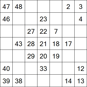 65 «От одного до 49». Заполните пустые клетки таким образом, чтобы все числа были соединены последовательно, по горизонтали или вертикали. Перемещение по диагонали не допускается.