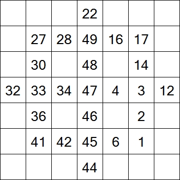 61 «От одного до 49». Заполните пустые клетки таким образом, чтобы все числа были соединены последовательно, по горизонтали или вертикали. Перемещение по диагонали не допускается.