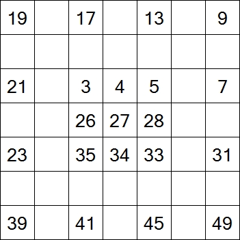 76 «От одного до 49». Заполните пустые клетки таким образом, чтобы все числа были соединены последовательно, по горизонтали или вертикали. Перемещение по диагонали не допускается.