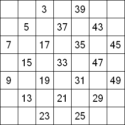 51 «От одного до 49». Заполните пустые клетки таким образом, чтобы все числа были соединены последовательно, по горизонтали или вертикали. Перемещение по диагонали не допускается.