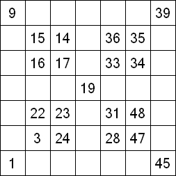 60 «От одного до 49». Заполните пустые клетки таким образом, чтобы все числа были соединены последовательно, по горизонтали или вертикали. Перемещение по диагонали не допускается.