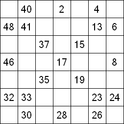 14 «От одного до 49». Заполните пустые клетки таким образом, чтобы все числа были соединены последовательно, по горизонтали или вертикали. Перемещение по диагонали не допускается.