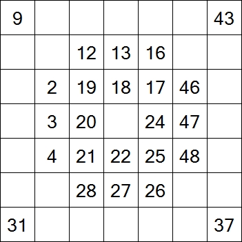 87 «От одного до 49». Заполните пустые клетки таким образом, чтобы все числа были соединены последовательно, по горизонтали или вертикали. Перемещение по диагонали не допускается.