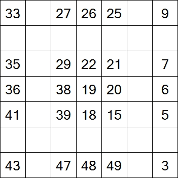 90 «От одного до 49». Заполните пустые клетки таким образом, чтобы все числа были соединены последовательно, по горизонтали или вертикали. Перемещение по диагонали не допускается.