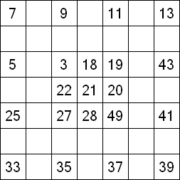 34 «От одного до 49». Заполните пустые клетки таким образом, чтобы все числа были соединены последовательно, по горизонтали или вертикали. Перемещение по диагонали не допускается.