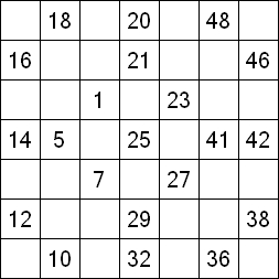 30 «От одного до 49». Заполните пустые клетки таким образом, чтобы все числа были соединены последовательно, по горизонтали или вертикали. Перемещение по диагонали не допускается.