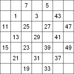 43 «От одного до 49». Заполните пустые клетки таким образом, чтобы все числа были соединены последовательно, по горизонтали или вертикали. Перемещение по диагонали не допускается.
