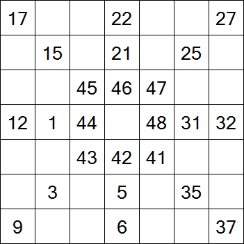 78 «От одного до 49». Заполните пустые клетки таким образом, чтобы все числа были соединены последовательно, по горизонтали или вертикали. Перемещение по диагонали не допускается.