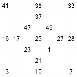 19 «От одного до 49». Заполните пустые клетки таким образом, чтобы все числа были соединены последовательно, по горизонтали или вертикали. Перемещение по диагонали не допускается.