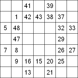 28 «От одного до 49». Заполните пустые клетки таким образом, чтобы все числа были соединены последовательно, по горизонтали или вертикали. Перемещение по диагонали не допускается.