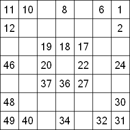 13 «От одного до 49». Заполните пустые клетки таким образом, чтобы все числа были соединены последовательно, по горизонтали или вертикали. Перемещение по диагонали не допускается.